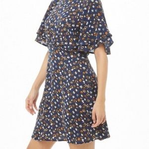 NEW Forever 21 Large Floral Print Mini Dress Blue Cotton Open Back Botton